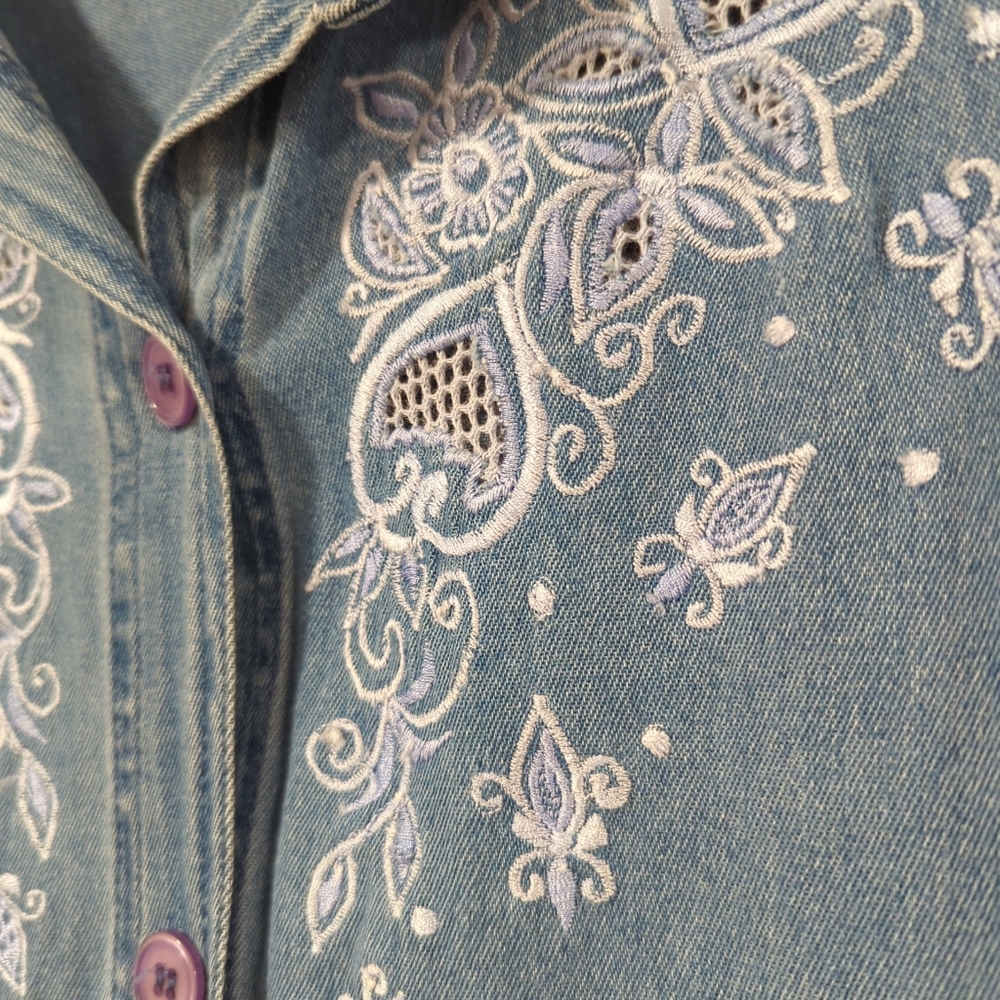 Main Street Blues Blue Denim Shortsleeve Button-Up Shirt Embroidered Women's 20W - Picture 5 of 15